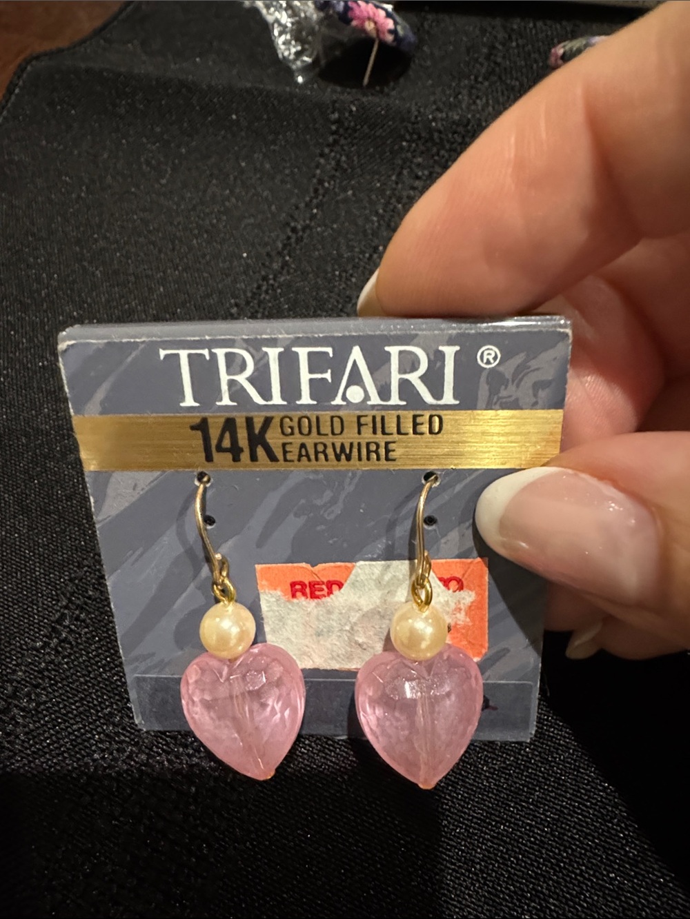 Vintage Trifari 14 k Gold-Filled Hook Earrings with Pink Heart and Pearl Drop